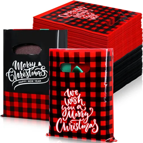 Sadnyy Paquete de 100 bolsas de plástico para regalo de Navidad a granel, pequeñas bolsas de compras de Feliz Navidad, mercancía gruesa impresa al