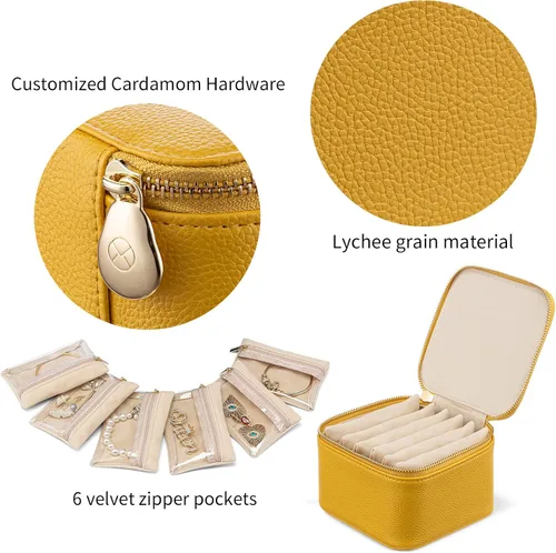 Miniatura 7 de Vlando Joyero de viaje, pequeña bolsa de joyería con 6 bolsillos de terciopelo con cremallera, organizador de joyería de piel sintética para mujeres