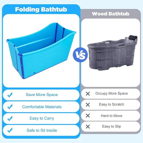Miniatura 7 de Bañera plegable grande para el hogar, bañera portátil azul para adultos en el baño, bañera independiente con manguera de drenaje de 3.6 pies y tapón