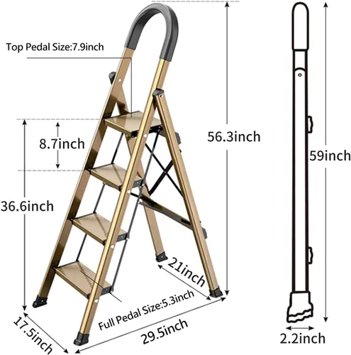 Miniatura 5 de escalera ligera de aluminio de 4 peldaños, taburete plegable con pedal antideslizante y ancho para uso en el hogar y la cocina, ahorro de espacio