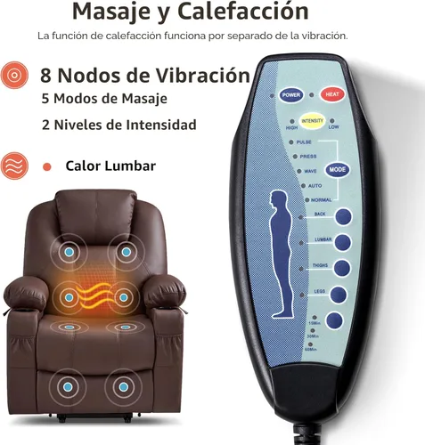 Miniatura 7 de MCombo Sillón reclinable eléctrico con capacidad de elevación, masaje y calor para ancianos, 3 posiciones, 2 bolsillos laterales y portavasos