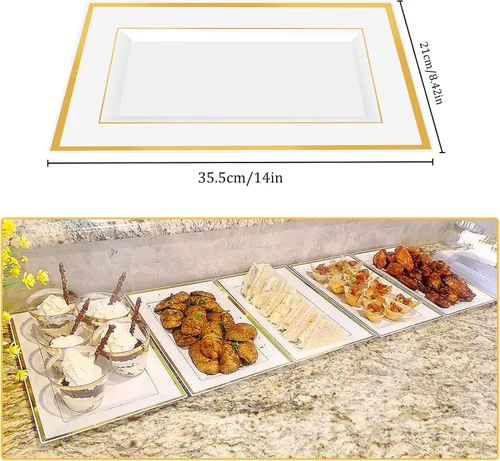 Miniatura 5 de Mwellewm 12 bandejas de plástico blanco para servir con borde dorado, bandejas rectangulares de postre de 14 x 9 pulgadas para mesa de postre
