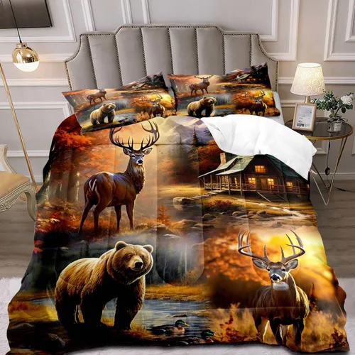 Miniatura 14 de LUVIVIHOME Juego de edredón de 3 piezas con diseño de osos negros y ciervos tamaño King, con estampado de alces, alces, patos Mallard, animales Oso