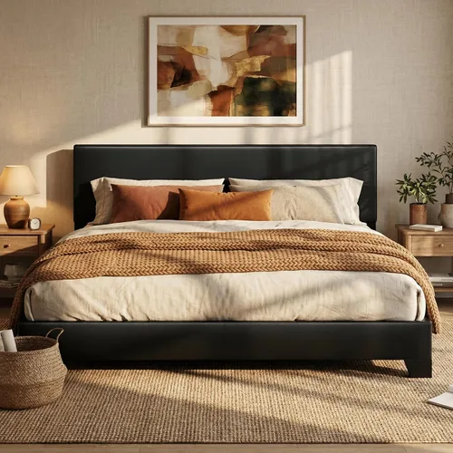 Miniatura 11 de SHA CERLIN Base de cama tamaño King con cabecera ajustable, plataforma tapizada de piel sintética con listones de madera, base de colchón estable