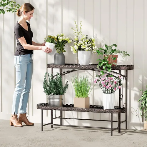 Miniatura 2 de Soporte para Plantas de Exterior Interior de 2 Niveles de Metal, Soporte para Plantas Desmontable de Servicio Pesado, Estante Alto Portamacetas