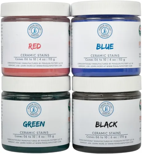 Penguin Pottery - Juego variado de 4 tintes de cerámica - 6 oz Negro, 4 oz cada uno de rojo, azul y verde - Colorantes para arcilla, esmaltes,