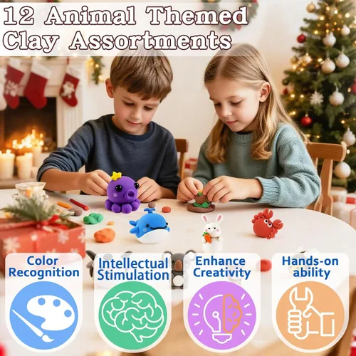 Miniatura 2 de Arcilla de modelado de secado al aire de Navidad para niños, kit de arcilla polimérica súper ligero y suave, juego de manualidades de animales