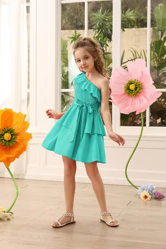 Miniatura 2 de Danna Belle Vestido de fiesta de verano para niñas, con un hombro, volantes, escalonado, ropa de regalo, tallas 5-14
