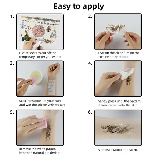 Miniatura 5 de 12 hojas de tatuajes temporales metálicos dorados destellantes para mujeres y niñas, impermeables, dorados y plateados, calcomanías de tatuaje