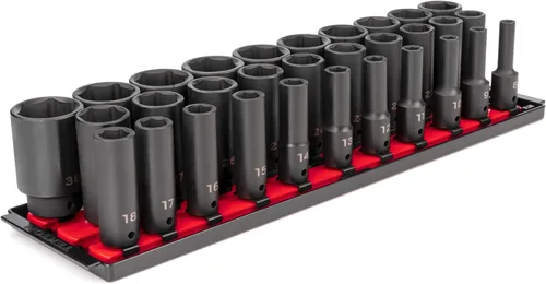 TEKTON Juego de llaves de vaso de impacto profundo de 6 puntos con rieles de 1/2 pulgada, 31 piezas (8-38 mm) | SID92105