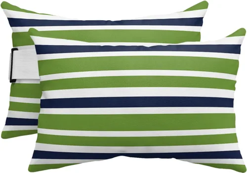 Miniatura 11 de T&H XHome Almohada de exterior para tumbona, diseño geométrico simple de rayas, impermeable, almohada lumbar con correa elástica ajustable