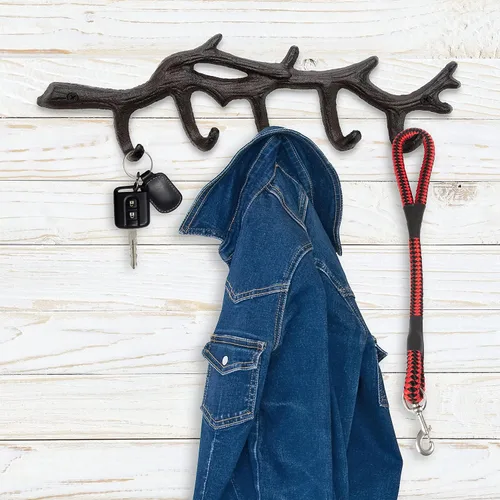 Miniatura 2 de GASARE, llavero para montaje en pared, gancho para llaves de hierro fundido, diseño de rama de árbol, tornillos y anclajes, tamaño grande de 13¼ x 4