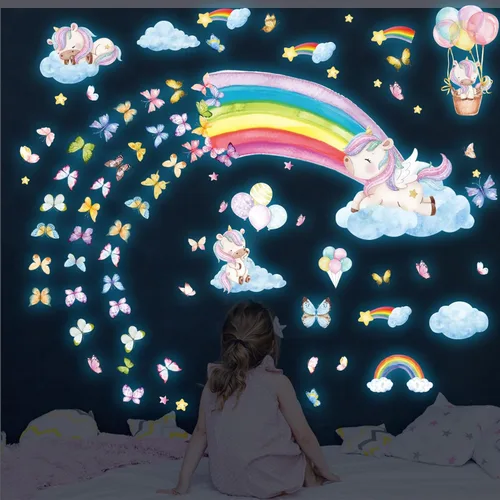 Calcomanías de pared grandes arcoíris y unicornio que brillan en la oscuridad, calcomanías de pared de mariposas luminosas y estrellas brillantes,
