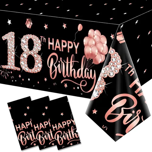 3 Juego de manteles de mesa para decoración de cumpleaños número 18, cubierta de mesa temática de dieciocho años en color oro rosa, mantel de Mantel