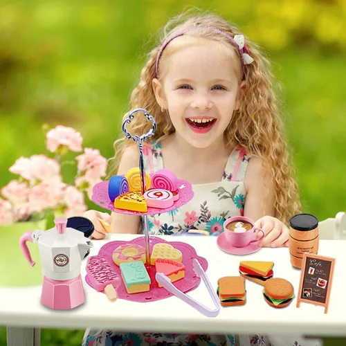 Miniatura 4 de Juego de simulación de fiesta de té para niñas pequeñas, juego de 48 piezas de cafetera y juego de comida de postres para niños de 3, 4, 5, 6, 7, 8