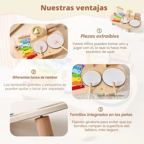 Miniatura 2 de Juego de batería de madera para niños pequeños de 1 a 3 años, instrumentos de percusión musical para niños, juego de batería para bebés, xilófono