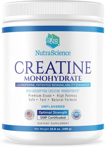 NutraScience - Monohidrato de creatina en polvo con BioPerine, apoya el crecimiento y la recuperación muscular magra, 60 porciones, 5000 mg por