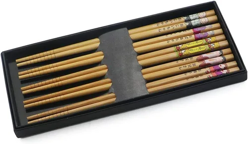 Miniatura 8 de Juego de 5 pares de palillos de bambú, reutilizables, estilo japonés, antideslizantes, juego de palillos clásicos de bambú natural, aptos