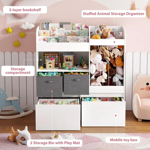 Miniatura 4 de Estantería para niños, almacenamiento de animales de peluche con tapete de juego, organizador de almacenamiento de juguetes de madera con 2 cajones