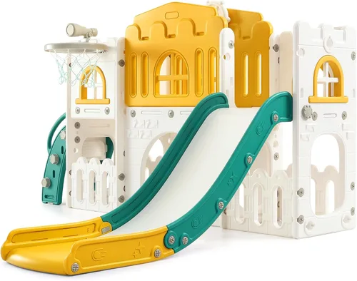 Juego de tobogán infantil 8 en 1, juego de tobogán y escalador con pasillo, aro de baloncesto, telescopio, patio de juegos para interiores y