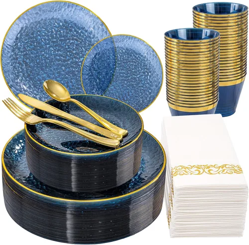 Miniatura 20 de DaYammi Juego de vajilla de plástico dorado transparente de 175 piezas, platos de plástico desechables martillados desechables para fiestas