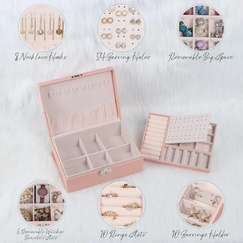 Miniatura 3 de Joyero para mujeres y niñas, contenedor organizador de joyas de 2 capas con cerradura, estuche de almacenamiento de piel sintética con bandeja