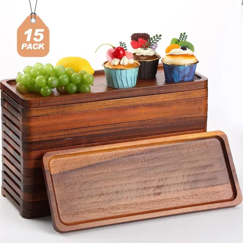 Miniatura 9 de Skylety Paquete de 15 bandejas de madera maciza para servir grandes de acacia para fiestas, tablero rectangular de charcutería con mango ranurado