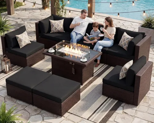 Miniatura 46 de NICESOUL Juego de muebles de patio para exteriores de 7 piezas con mesa para hoguera, gas natural y propano convertible, respaldo alto de 29.3