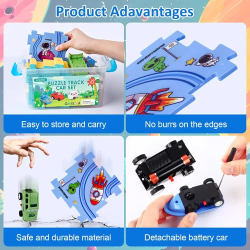 Miniatura 6 de VESPRO Juego de pista de autos para niños de 100 piezas - 4 series de rompecabezas de carreras para niños pequeños, juguetes educativos para niños