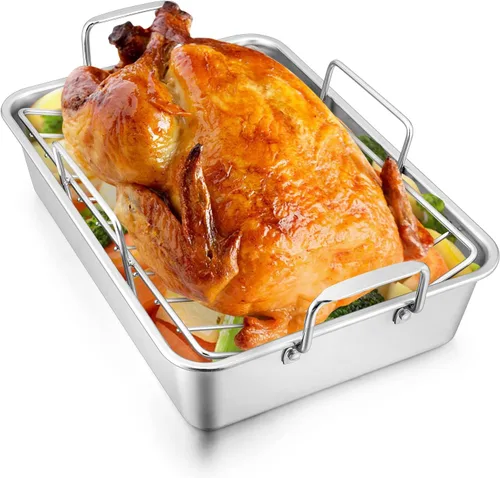 Sartén para asar con estante para pavo y pollo, sartén para asar de acero inoxidable Joyfair y estante en V para horno tostador, utensilio de horneo