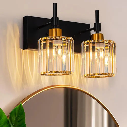 Miniatura 10 de Lámparas de baño doradas, 2 lámparas de tocador de cristal para baño, luces modernas de latón sobre espejo