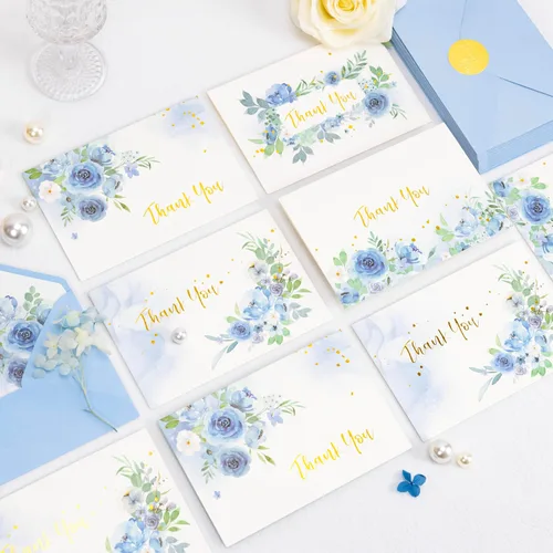 Miniatura 2 de Crisky 4 Tarjetas de agradecimiento azul dorado con acuarela floral surtidas con sobres (paquete de 25) con sobres de papel de regalo blancos