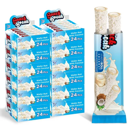 Miniatura 14 de Snack Break Snacks de oblea enrollada de coco con relleno cremoso de coco, bocadillos de oblea envueltos individualmente, (paquete de 24)