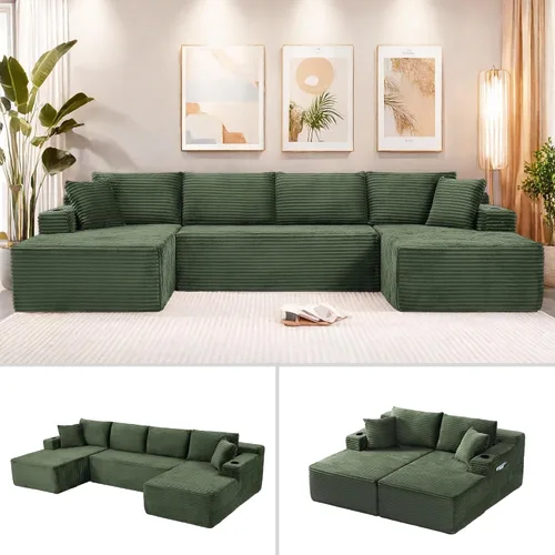 Miniatura 18 de Sofá cama modular en forma de U de 141.73 pulgadas, sofá de pana modular 6 en 1 con sensación suave como una nube, bolsa de almacenamiento