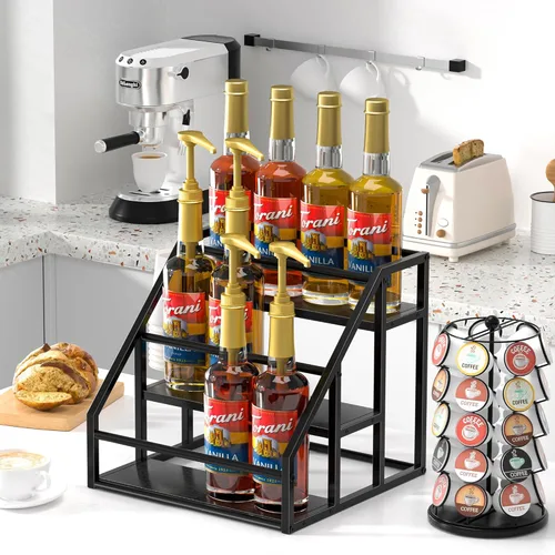 Miniatura 3 de Organizador de jarabe de café, estantes para especias, soporte para botellas de jarabe para barra de café, 3 niveles para 12 botellas, estantes