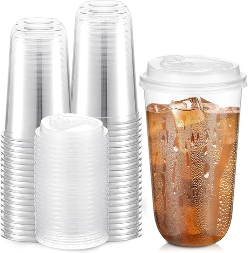 Miniatura 15 de Baderke 50 juegos de vasos de plástico transparente de 16 onzas con tapas, tazas de café helado resistentes con tapas, vasos de plástico desechables
