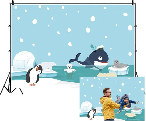 Renaiss Telón de fondo de pingüino de dibujos animados de 5 x 3 pies para fotografía, lindo animal, oso, cueva de hielo, copo de nieve de invierno,