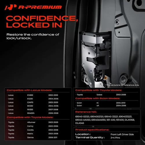Miniatura 2 de A-Premium Actuador de cerradura de puerta lado del conductor delantero compatible con Toyota 4Runner Camry Corolla Matrix Sienna Solara y Lexus