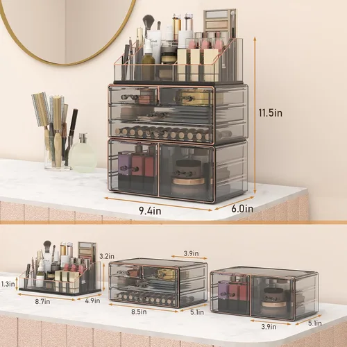 Miniatura 2 de Delamu Organizador de maquillaje de 3 niveles y 6 cajones para encimera, organizador de cosméticos para tocador y tocador, organizador de baño, Negro