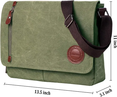 Miniatura 3 de Bolso bandolera de lona vintage para hombres y mujeres, bolsa de hombro de viaje para laptop de 13.5 pulgadas, bolsa para libros (verde militar)
