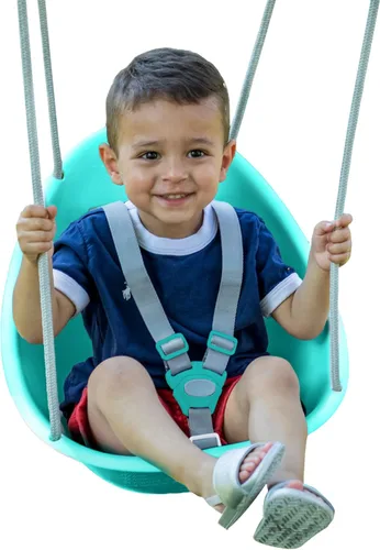 Miniatura 10 de Swurfer Columpio de coco para niños pequeños, cómodo columpio para bebé al aire libre, arnés de seguridad ajustable de 3 puntos, sistema de bloqueo