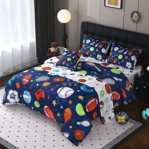 Miniatura 3 de JQinHome Juego de edredón deportivo para niños tamaño individual, cama de 6 piezas en una bolsa para niños y adolescentes, ropa de cama