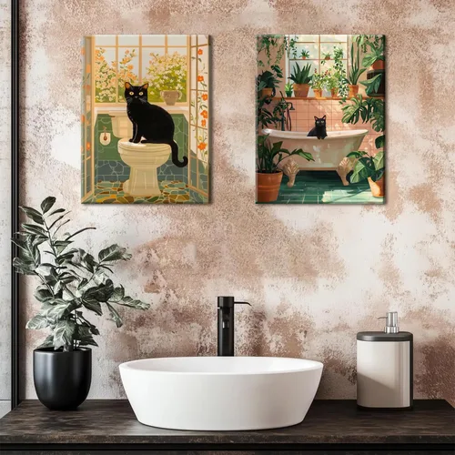 Miniatura 2 de Divertido Juego de Arte de Pared de Gato Negro para Baño de 2 Piezas, Pinturas Decorativas de Pared de Gato Negro Ecléctico en Baño, Póster