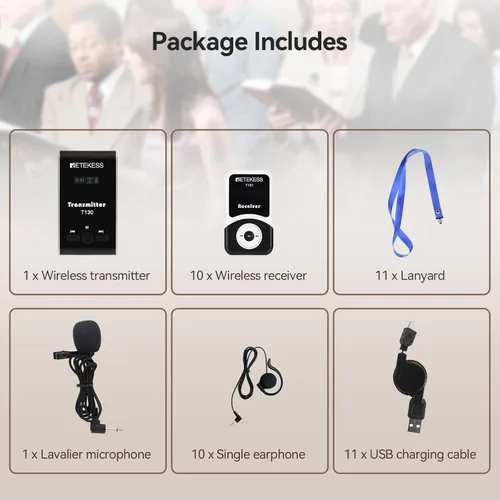 Miniatura 7 de Sistema de audio inalámbrico de guía turística Retekess T130, equipo de traducción para iglesia, calidad de sonido clara, auriculares de guía