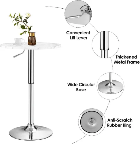 Miniatura 8 de Giantex Mesa redonda de pub ajustable en altura, mesa giratoria de 360° con patas plateadas y base para el hogar, mesa de bar (blanco)