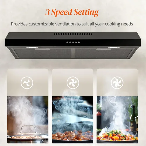 Miniatura 4 de FIREGAS Campana de Ventilación Negra de 30 Pulgadas para Debajo del Gabinete, Campana de Cocina Convertible con y sin Conductos, 300 CFM, Ventilador