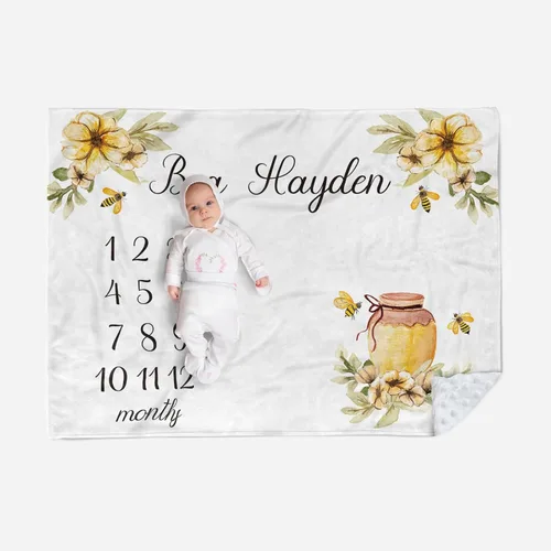 Miniatura 13 de Manta de hito mensual personalizada para bebé, nombre personalizado con fondo de fotografía de diseño de ganado de las tierras altas, manta de felpa