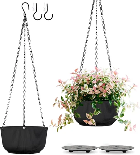 Juego de 2 macetas colgantes para plantas de interior y exterior, macetas colgantes de riego automático de 8 pulgadas con platillo interno, orificio