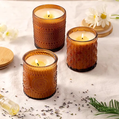 Miniatura 4 de DARJEN Paquete de 12 tarros de vela de ámbar para hacer velas - 3 estilos de tarros de vidrio para hacer velas a granel con tapas de bambú