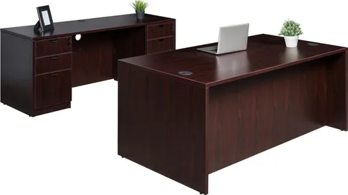 Miniatura 5 de Pemberly Row Juego de escritorio de oficina y credenza, 84 x 66 x 29.5 pulgadas, madera de ingeniería, acabado moca, incluye 1 escritorio, 1